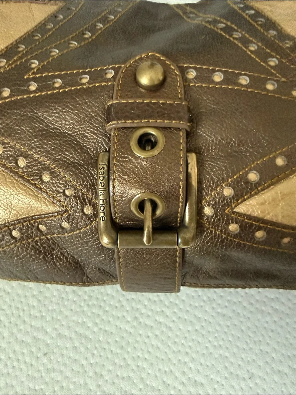Isabella Fiore Metallic Taupe and Champagne Leather Hobo